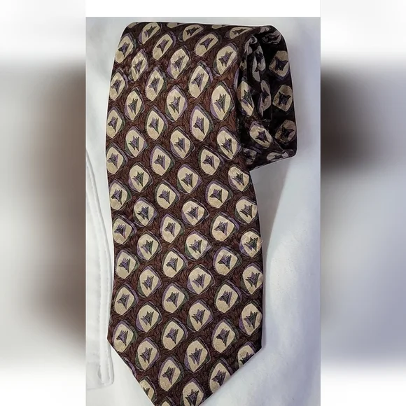 Courreges Homme Paris Tie 100% Silk GEO Brown green beige lilac 59"